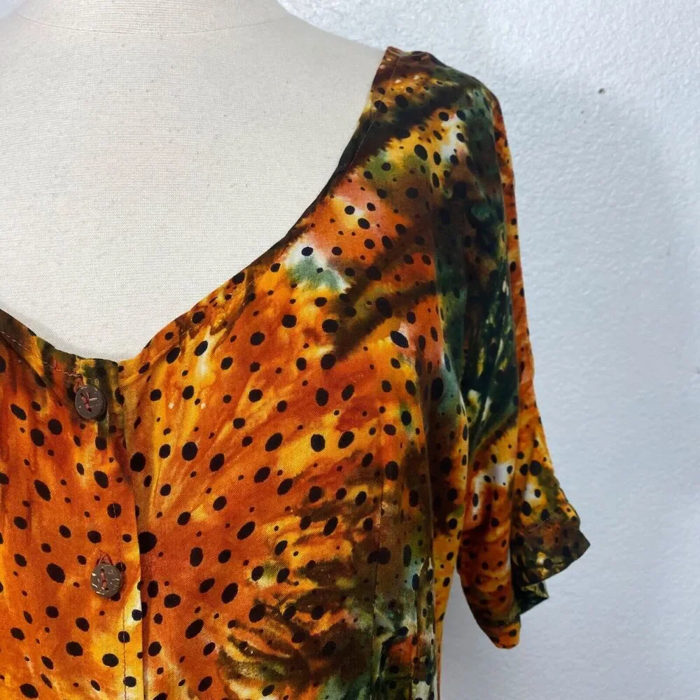 Vintage Womans Midi Dress Medium  Rayon Orange Tie-Dye Boho Peasant Y2K Festival